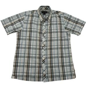 Free World Mens Large Plaid Short Sleeve Button Down Shirt Brown Blue Western